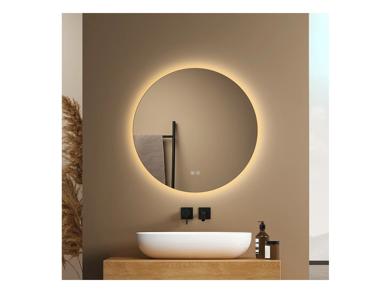 EMKE Miroir lumineux salle de bain rond diamètre 50cm, rétro-éclairage sans cadre, Miroir LED avec Interrupteur Tactile, Lumière Froide/Neutre/Chaude
