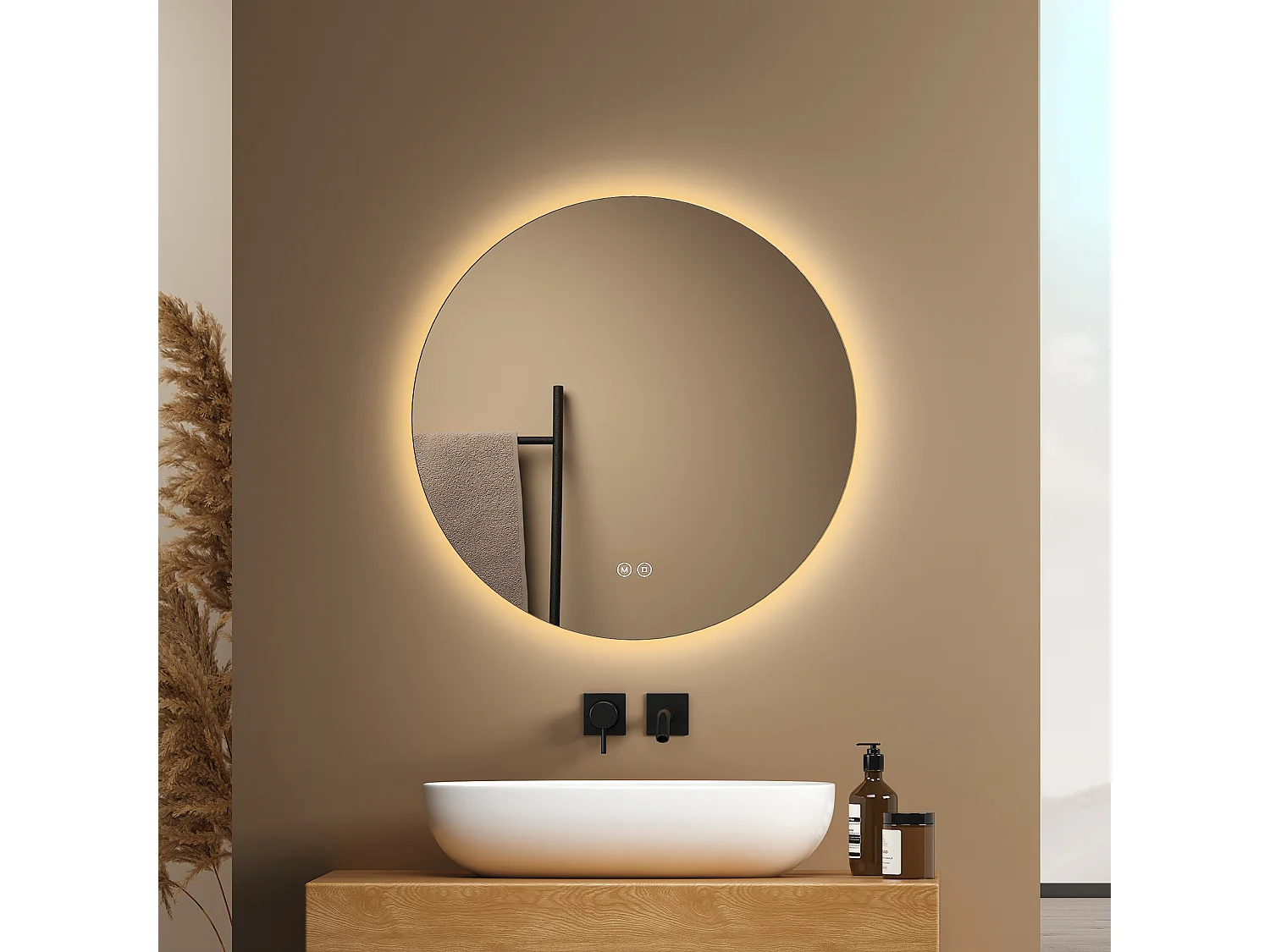 EMKE Miroir lumineux salle de bain rond diamètre 50cm, rétro-éclairage sans cadre, Miroir LED avec Interrupteur Tactile, Lumière Froide/Neutre/Chaude