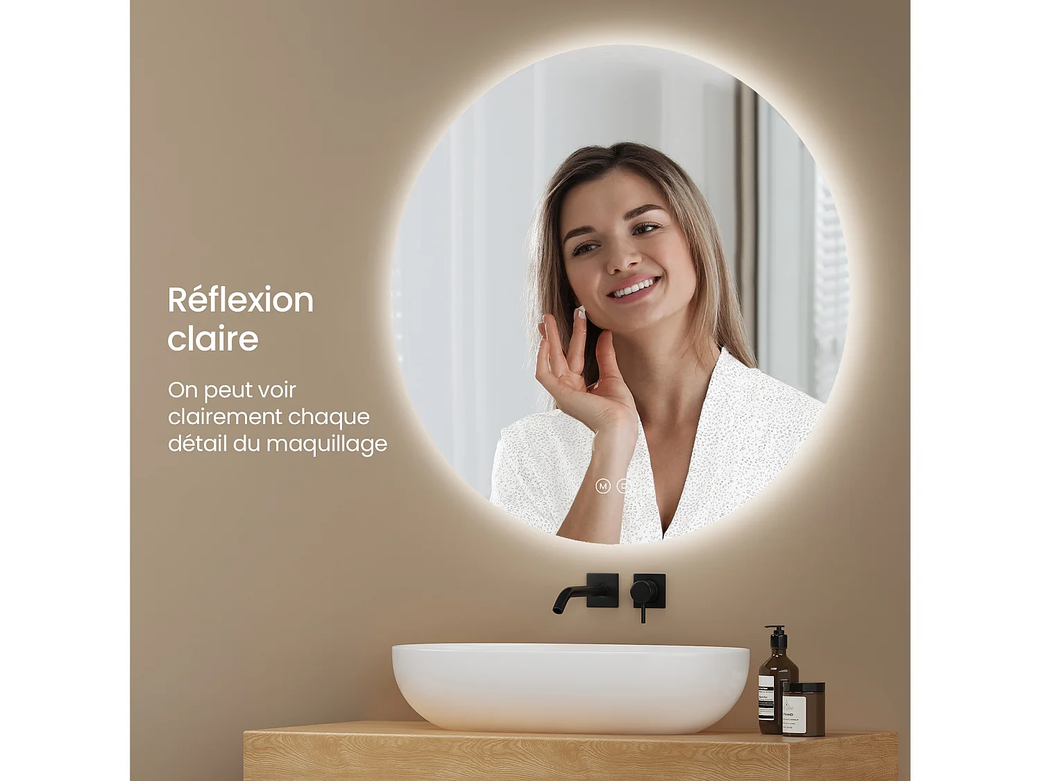 EMKE Miroir lumineux salle de bain rond diamètre 50cm, rétro-éclairage sans cadre, Miroir LED avec Interrupteur Tactile, Lumière Froide/Neutre/Chaude