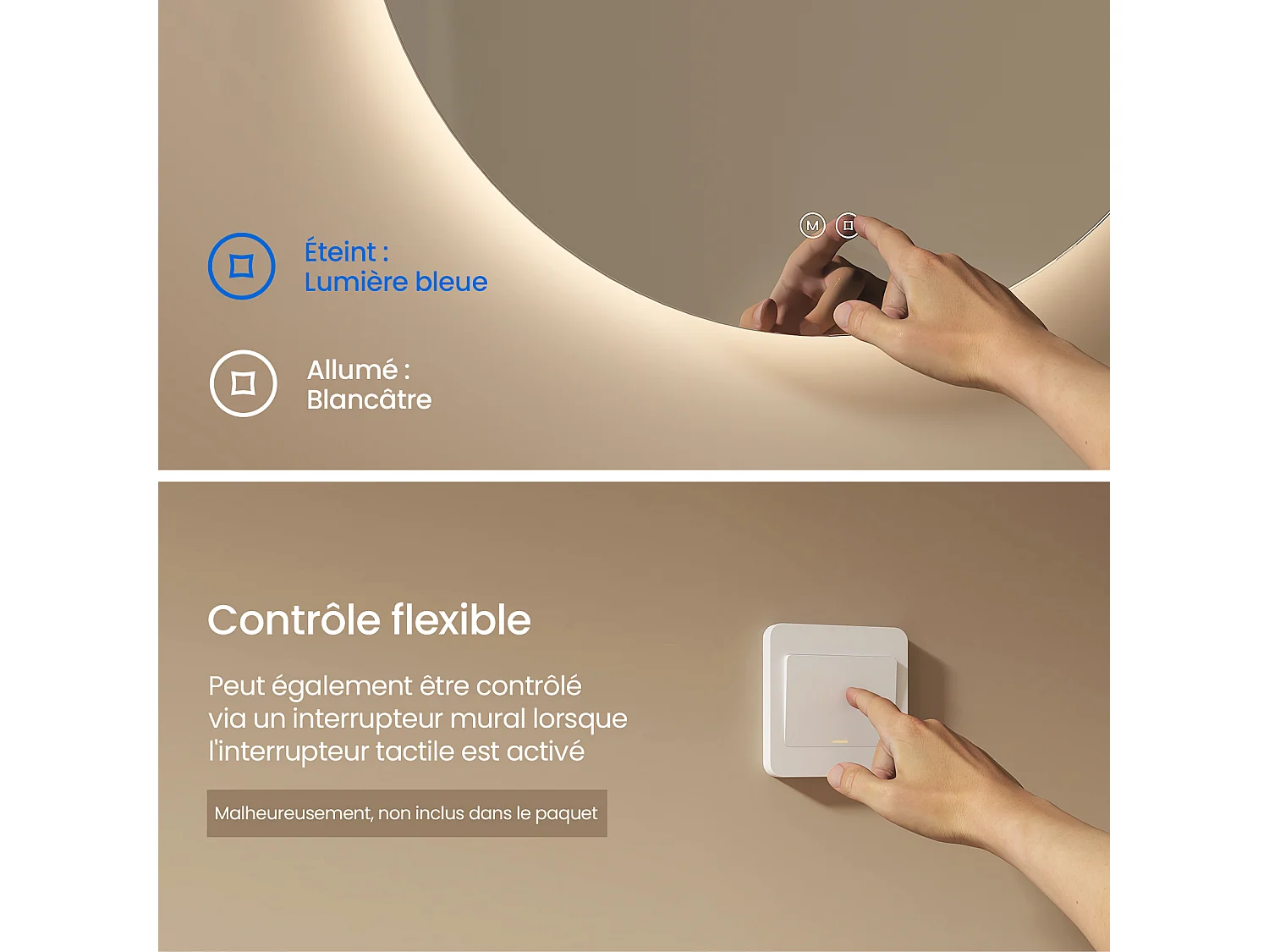 EMKE Miroir lumineux salle de bain rond diamètre 50cm, rétro-éclairage sans cadre, Miroir LED avec Interrupteur Tactile, Lumière Froide/Neutre/Chaude