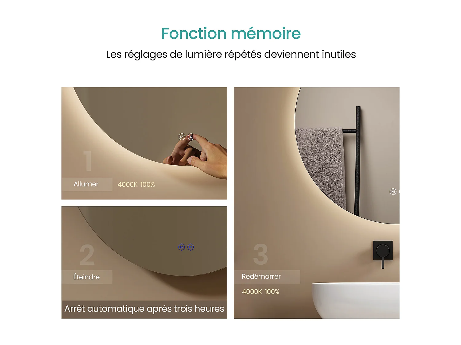 EMKE Miroir lumineux salle de bain rond diamètre 50cm, rétro-éclairage sans cadre, Miroir LED avec Interrupteur Tactile, Lumière Froide/Neutre/Chaude