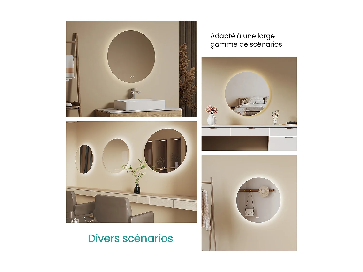 EMKE Miroir lumineux salle de bain rond diamètre 50cm, rétro-éclairage sans cadre, Miroir LED avec Interrupteur Tactile, Lumière Froide/Neutre/Chaude