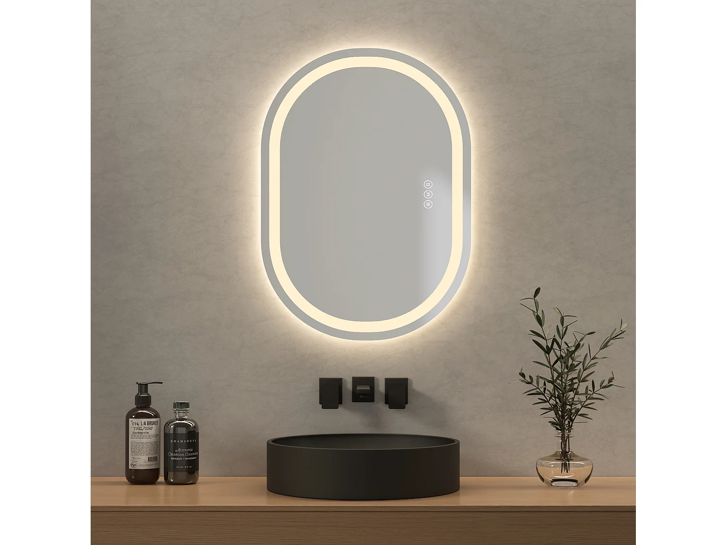 EMKE Miroir lumineux salle de bain ovale 70x50cm, Miroir LED avec Interrupteur Tactile, Anti-buée, Miroir avec éclairage Lumière Froide/Chaude/Neutre