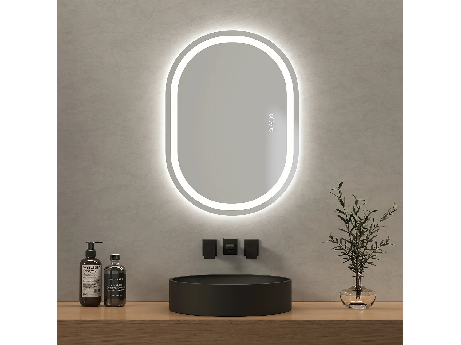 EMKE Miroir lumineux salle de bain ovale 70x50cm, Miroir LED avec Interrupteur Tactile, Anti-buée, Miroir avec éclairage Lumière Froide/Chaude/Neutre