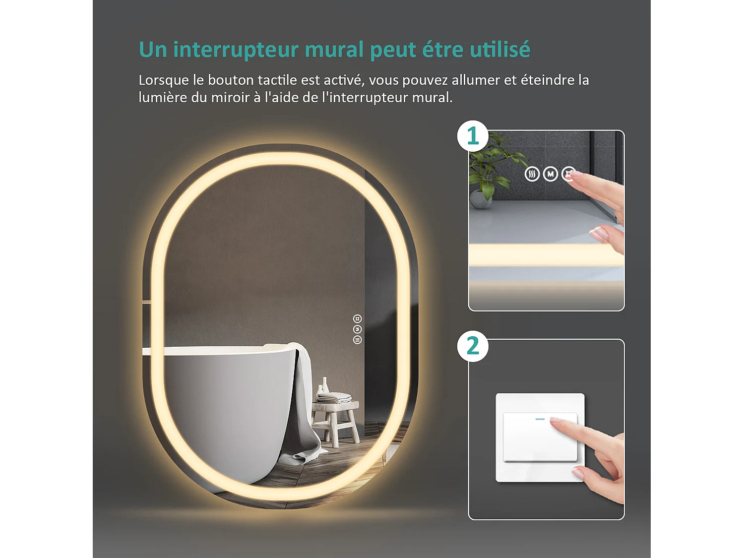 EMKE Miroir lumineux salle de bain ovale 70x50cm, Miroir LED avec Interrupteur Tactile, Anti-buée, Miroir avec éclairage Lumière Froide/Chaude/Neutre