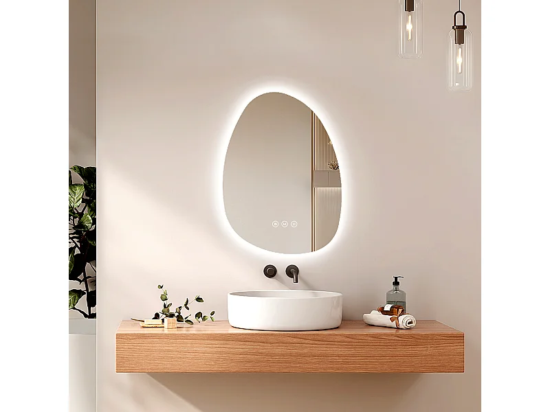 EMKE Asymmetrischer LED Badezimmerspiegel mit einstellbarer Beleuchtung in 3 Farben, Antibeschlag-Funktion und Touch-Schalter, 75x55 cm