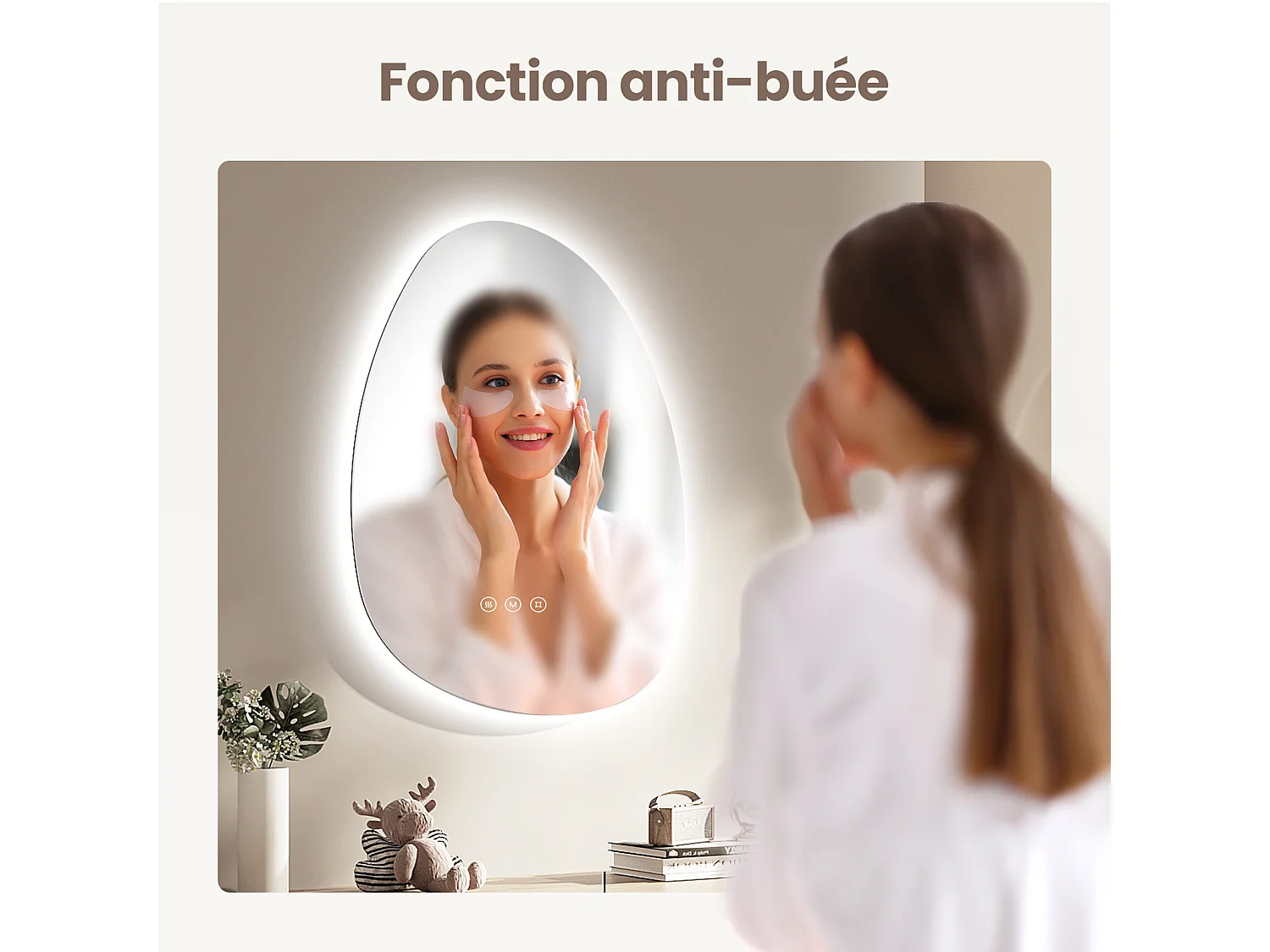 EMKE Miroir salle de bain avec éclairage, Miroir asymétrique LED, anti-buée, interrupteur tactile, 3 couleurs de lumière réglable, , 75 x 55 cm