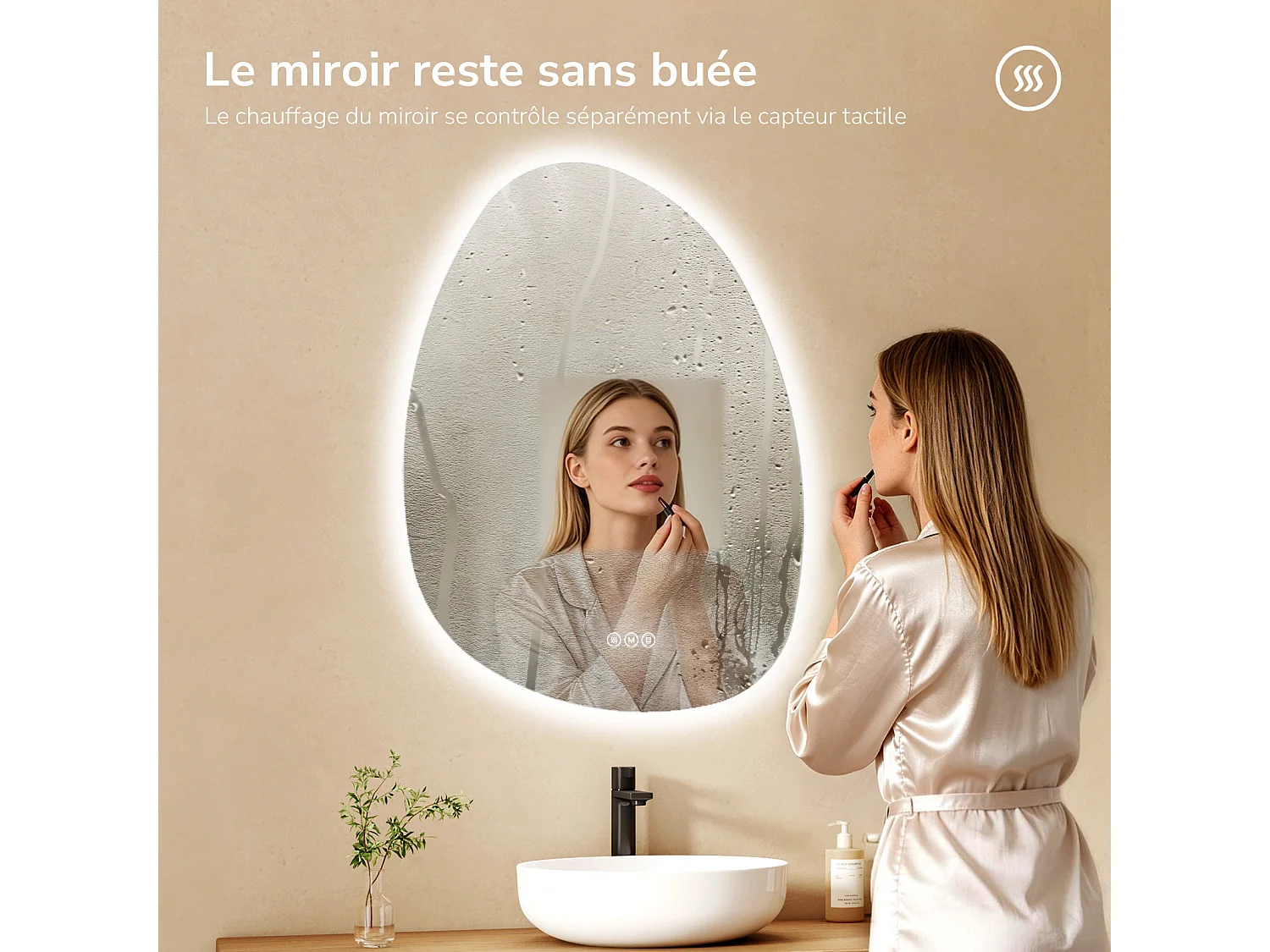 EMKE Miroir LED asymétrique de salle de bain 55 x 75 cm, interrupteurs tactiles, fonction anti-buée, 3 températures de couleur