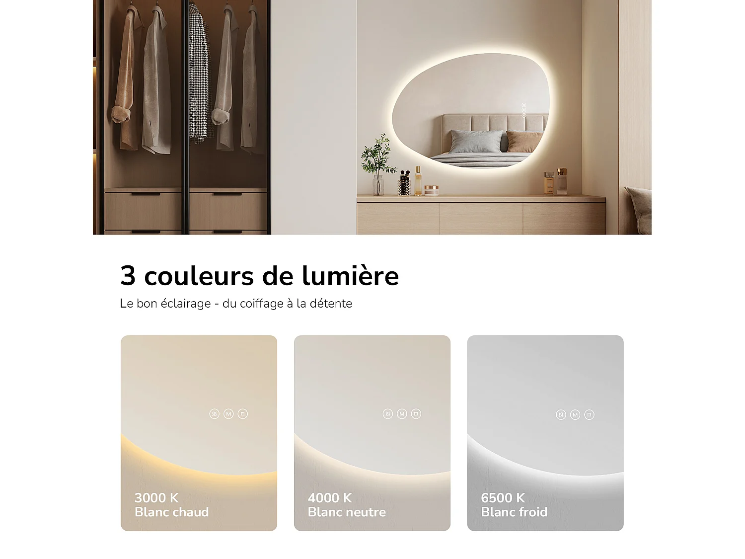 EMKE Miroir LED asymétrique de salle de bain 55 x 75 cm, interrupteurs tactiles, fonction anti-buée, 3 températures de couleur