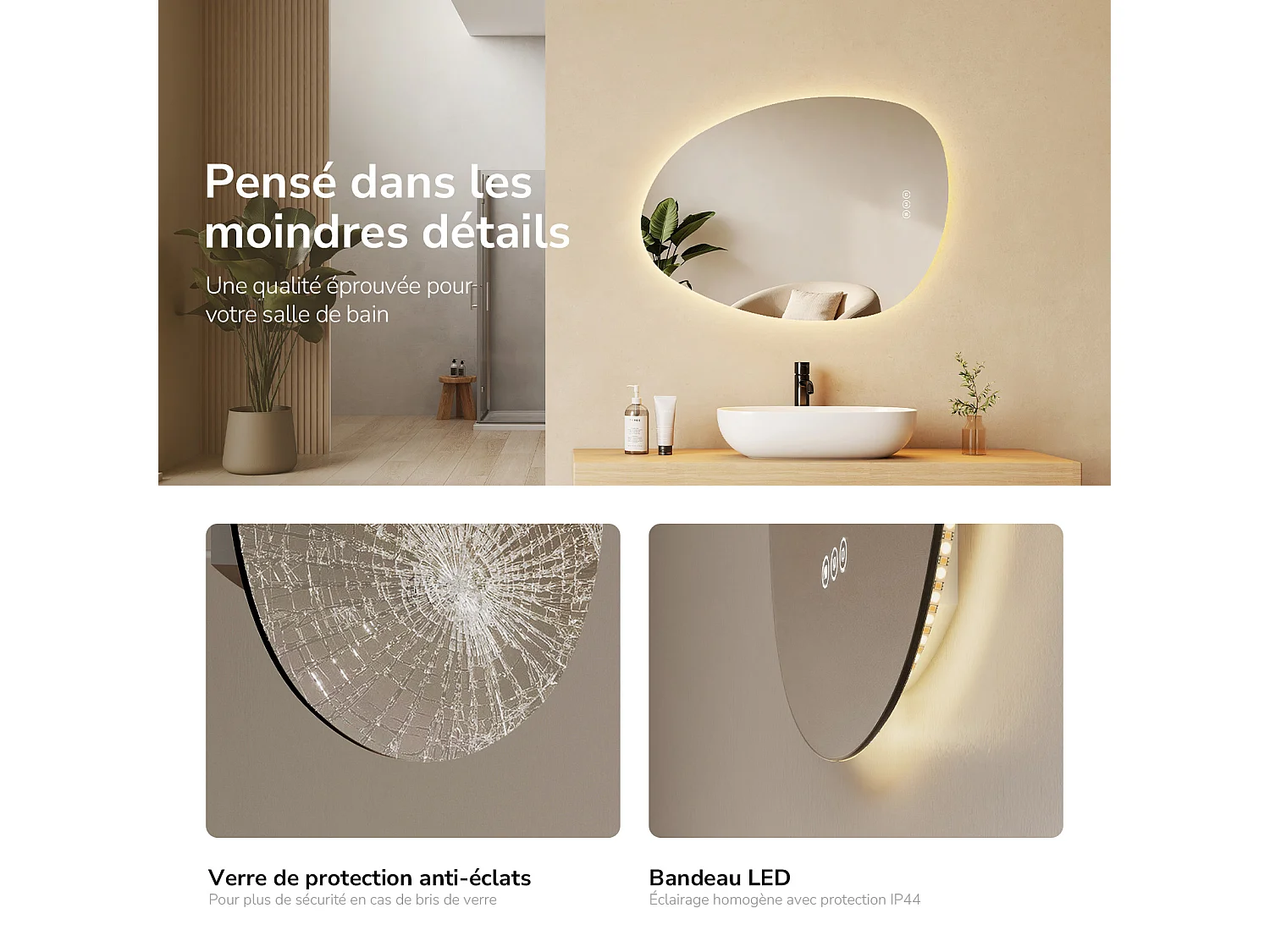 EMKE Miroir LED asymétrique de salle de bain 55 x 75 cm, interrupteurs tactiles, fonction anti-buée, 3 températures de couleur