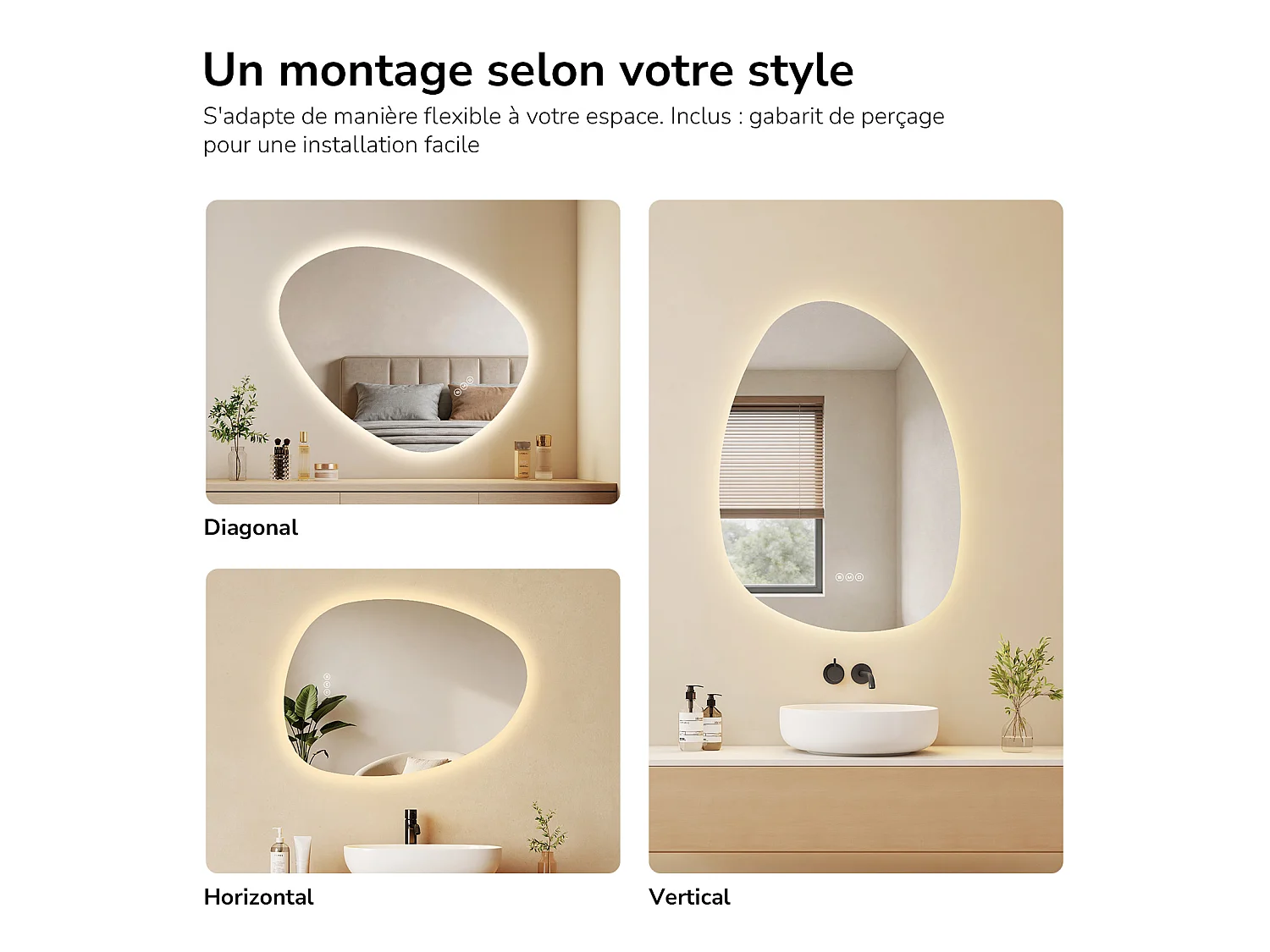 EMKE Miroir LED asymétrique de salle de bain 55 x 75 cm, interrupteurs tactiles, fonction anti-buée, 3 températures de couleur