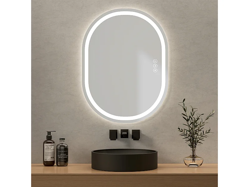 EMKE Specchio da bagno ovale a LED Specchio da bagno illuminato con interruttore al tocco/ Antiappannamento/ 3 colori di luce regolabili, 80x60cm