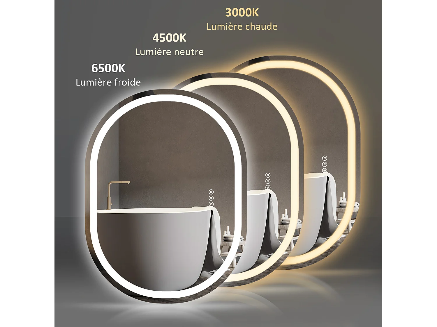 EMKE Miroir lumineux salle de bain ovale 80x60cm, Miroir LED avec Interrupteur Tactile, Anti-buée, Miroir avec éclairage Lumière Froide/Chaude/Neutre
