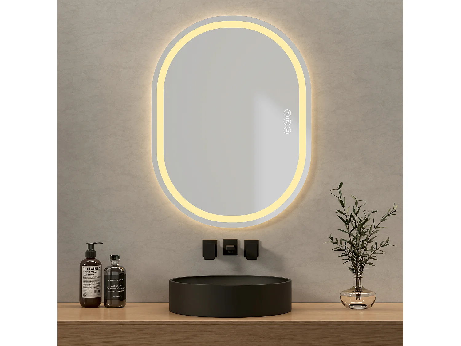 EMKE Miroir lumineux salle de bain ovale 80x60cm, Miroir LED avec Interrupteur Tactile, Anti-buée, Miroir avec éclairage Lumière Froide/Chaude/Neutre