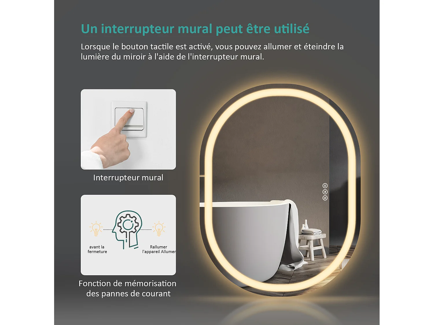 EMKE Miroir lumineux salle de bain ovale 80x60cm, Miroir LED avec Interrupteur Tactile, Anti-buée, Miroir avec éclairage Lumière Froide/Chaude/Neutre