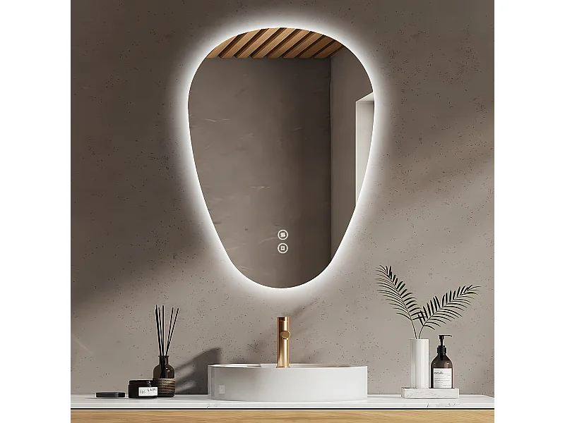 EMKE Miroir Salle de Bain avec Éclairage, 80 x 60 cm, Miroir LED Asymétrique, Interrupteur Tactile, 3 Couleurs de Lumière Réglables, Miroir Anti-Buée
