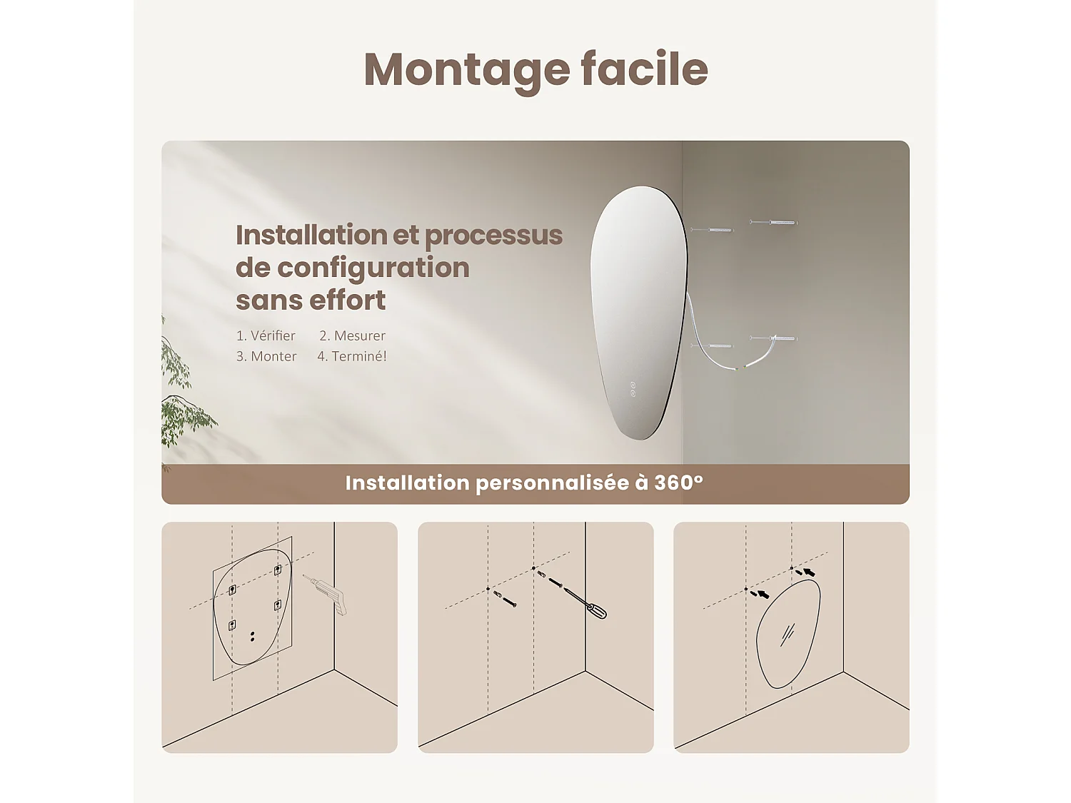 EMKE Miroir Salle de Bain avec Éclairage, 80 x 60 cm, Miroir LED Asymétrique, Interrupteur Tactile, 3 Couleurs de Lumière Réglables, Miroir Anti-Buée