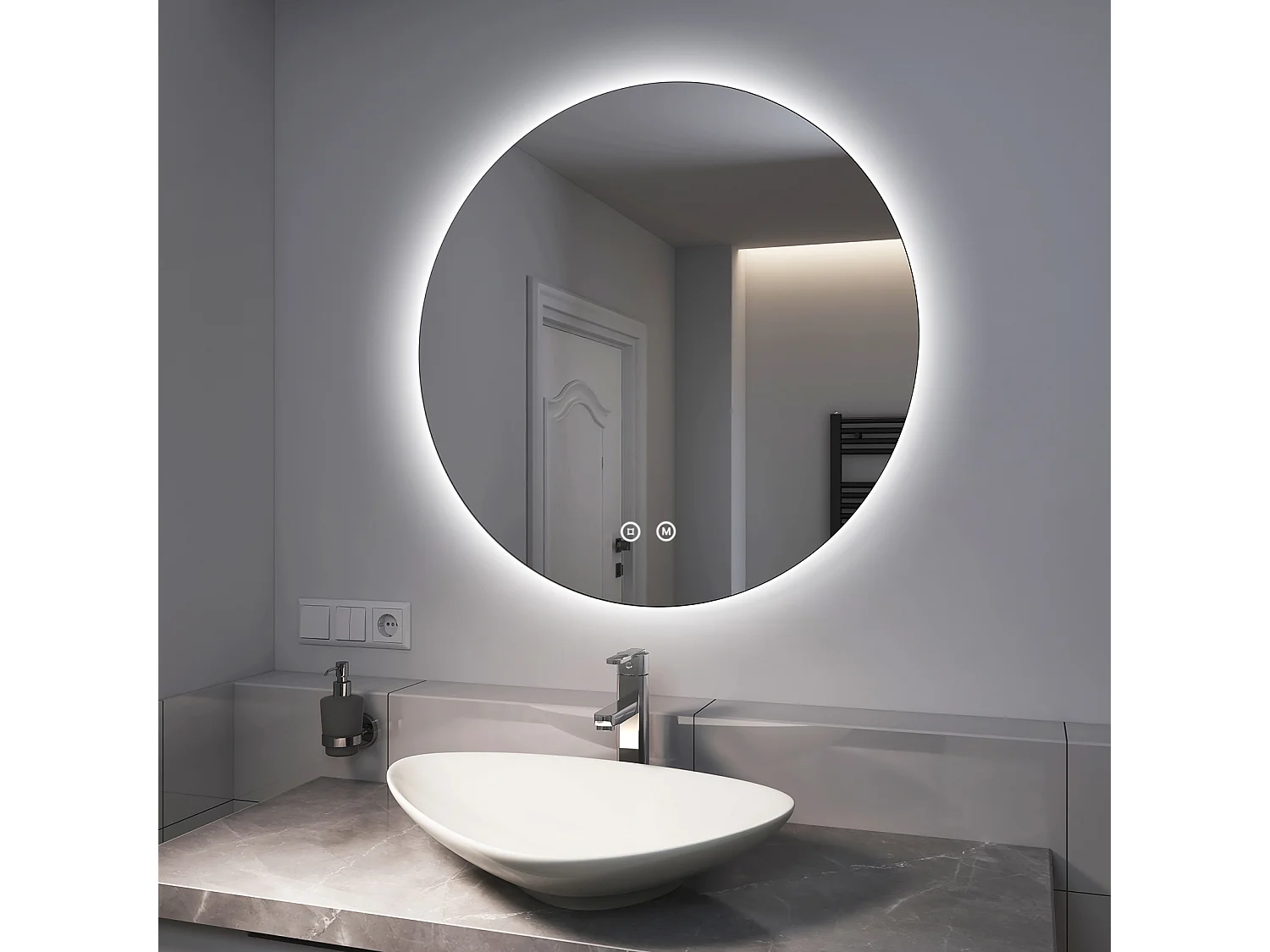 EMKE Miroir lumineux salle de bain rond diamètre 80cm, rétro-éclairage sans cadre, Interrupteur Tactile, Miroir avec éclairage Froide/Neutre/Chaude