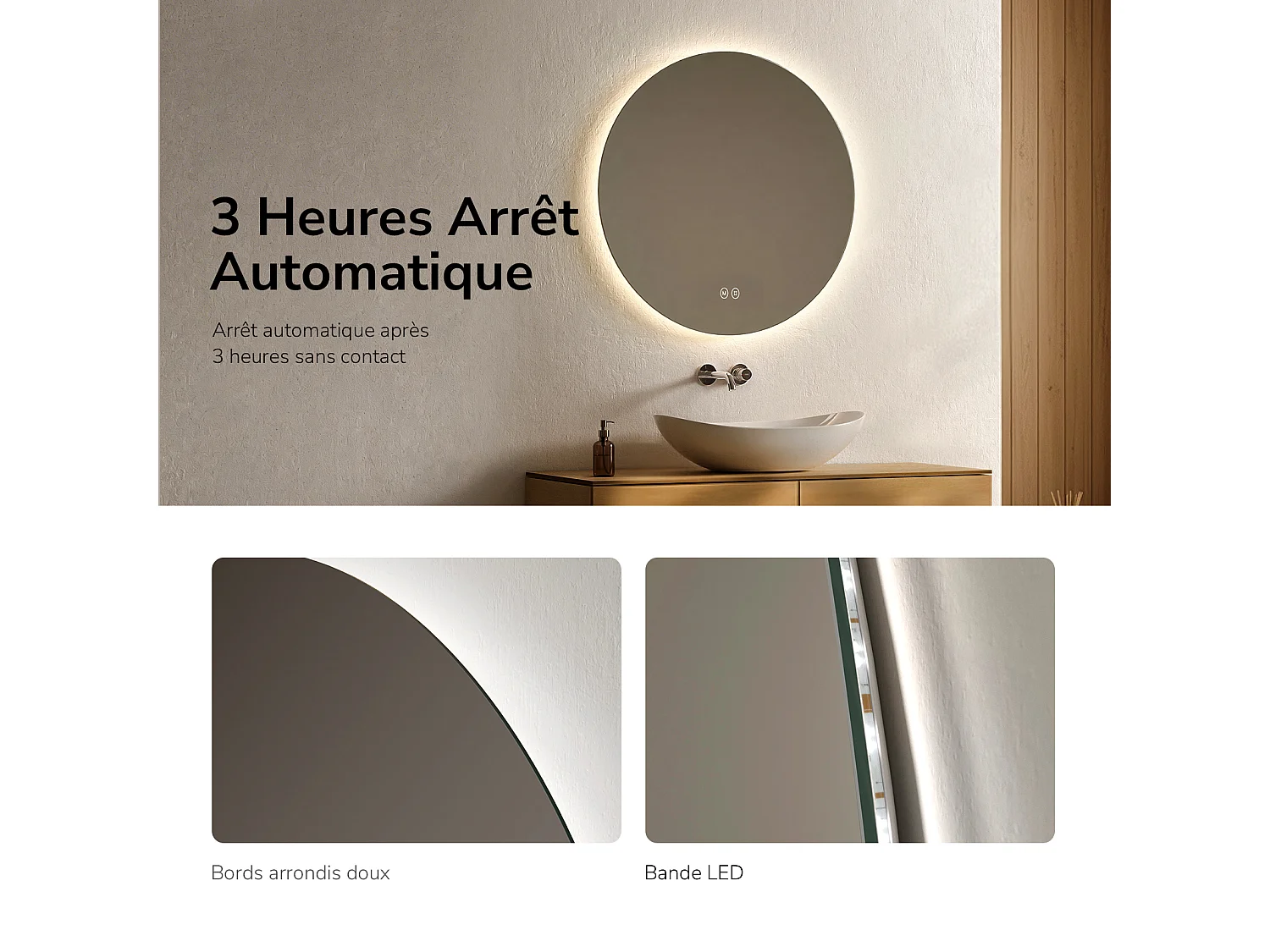 EMKE Runder LED-Badezimmerspiegel Ø 80 cm, rahmenlos mit Hintergrundbeleuchtung, Touch-Schalter, Kaltweiß/Neutralweiß/Warmweiß