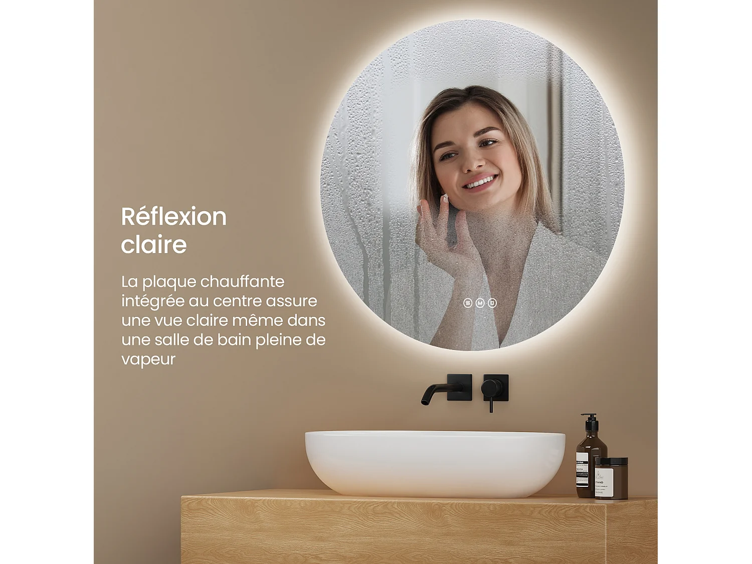 EMKE Verlichte Badkamerspiegel Rond Ø60 cm – LED Spiegel met Achtergrondverlichting – Touch Schakelaar, Anti-condens, Koud/Neutraal/Warm Wit