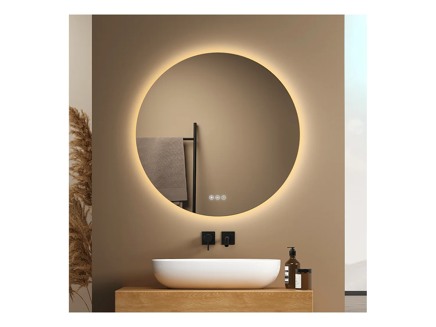 EMKE Verlichte Badkamerspiegel Rond Ø60 cm – LED Spiegel met Achtergrondverlichting – Touch Schakelaar, Anti-condens, Koud/Neutraal/Warm Wit