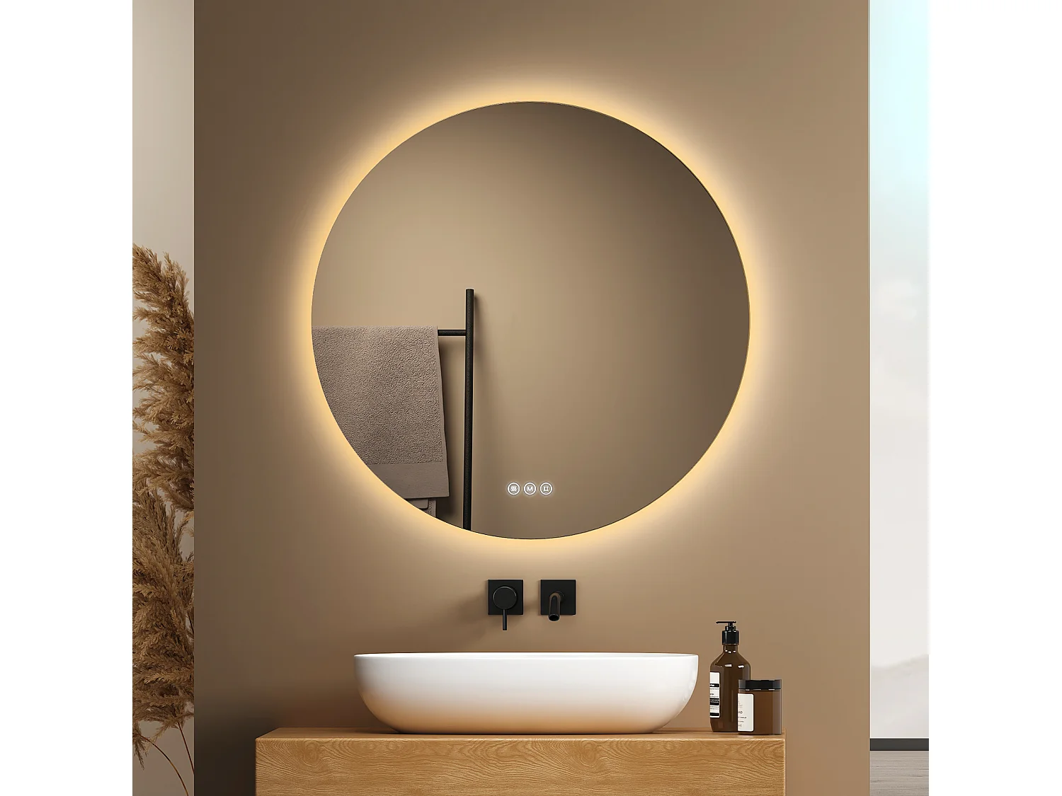 EMKE Miroir lumineux salle de bain rond diamètre 60cm, Miroir LED rétro-éclairage avec Interrupteur Tactile, Anti-buée, Blanche Froide/Neutre/Chaude