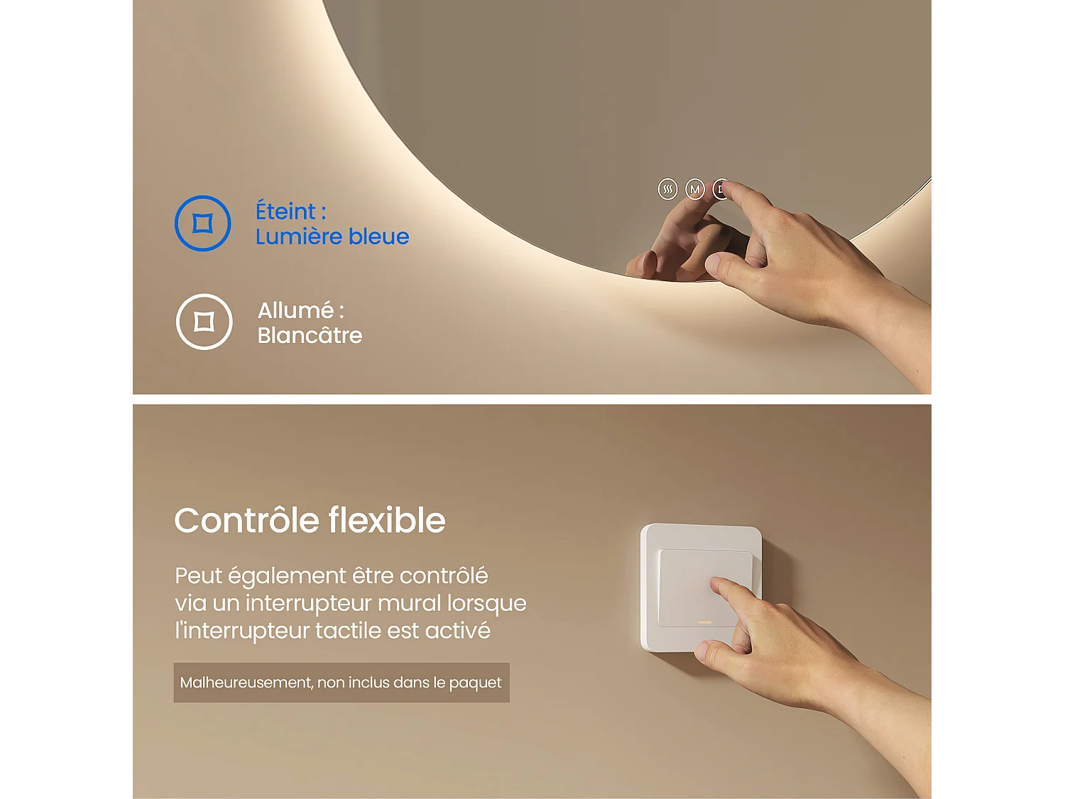 EMKE Miroir lumineux salle de bain rond diamètre 60cm, Miroir LED rétro-éclairage avec Interrupteur Tactile, Anti-buée, Blanche Froide/Neutre/Chaude