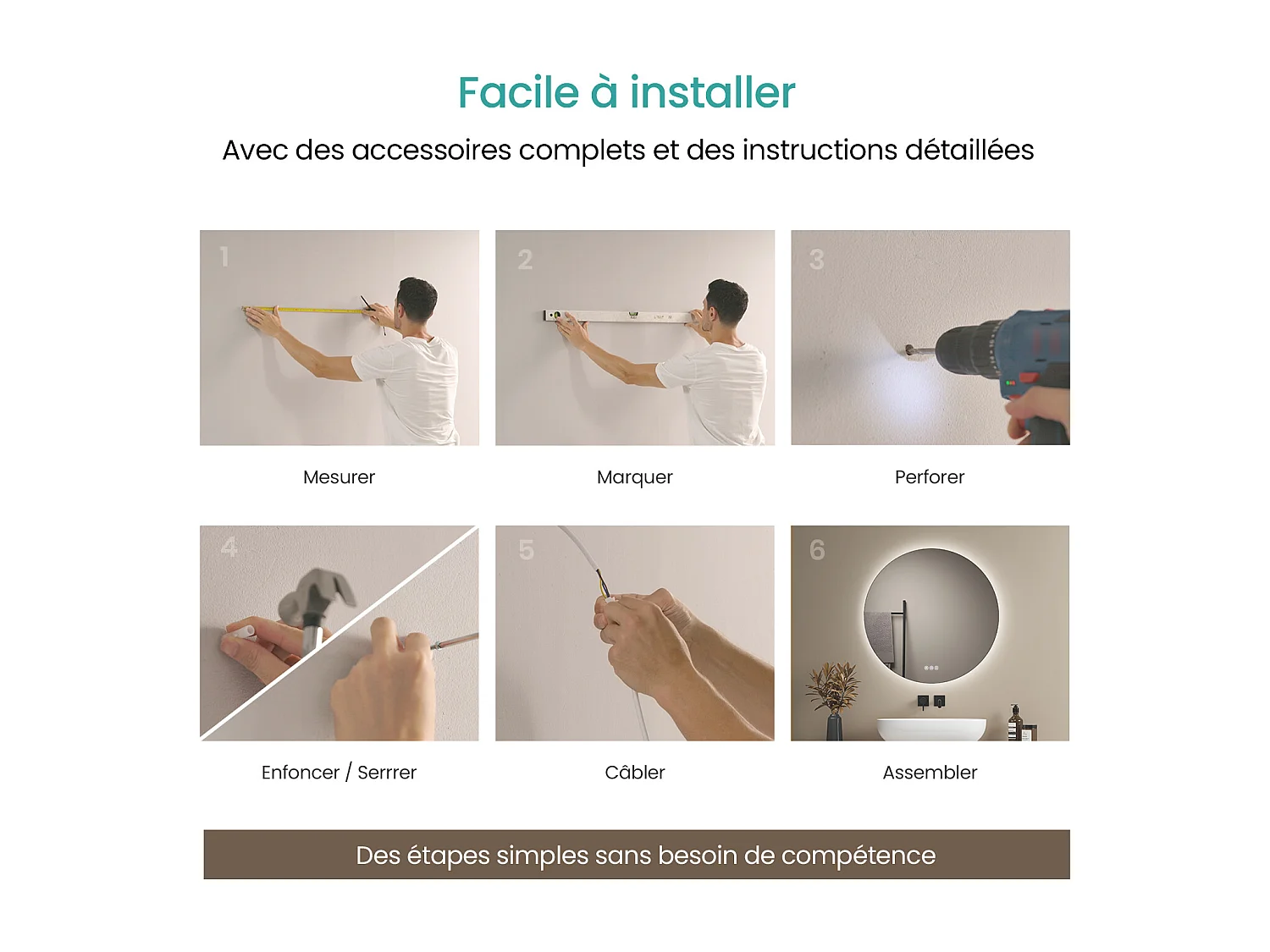 EMKE Miroir lumineux salle de bain rond diamètre 60cm, Miroir LED rétro-éclairage avec Interrupteur Tactile, Anti-buée, Blanche Froide/Neutre/Chaude