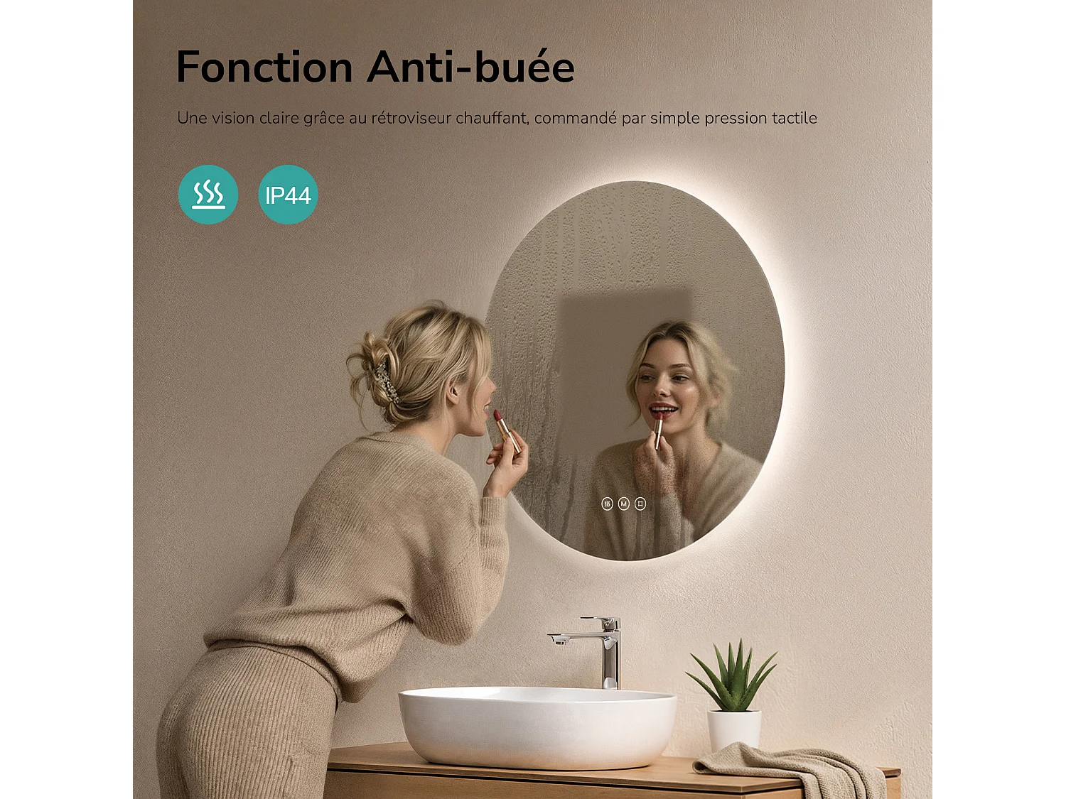 EMKE Specchio LED Rotondo da Bagno Ø 60 cm, Retroilluminazione LED, Interruttore Touch, Anti-appannamento, Bianco Freddo/Neutro/Caldo