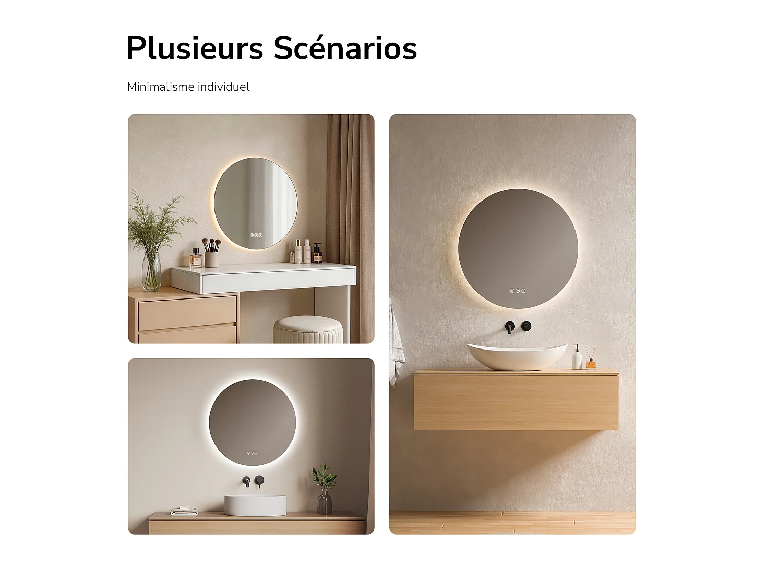 EMKE Specchio LED Rotondo da Bagno Ø 60 cm, Retroilluminazione LED, Interruttore Touch, Anti-appannamento, Bianco Freddo/Neutro/Caldo