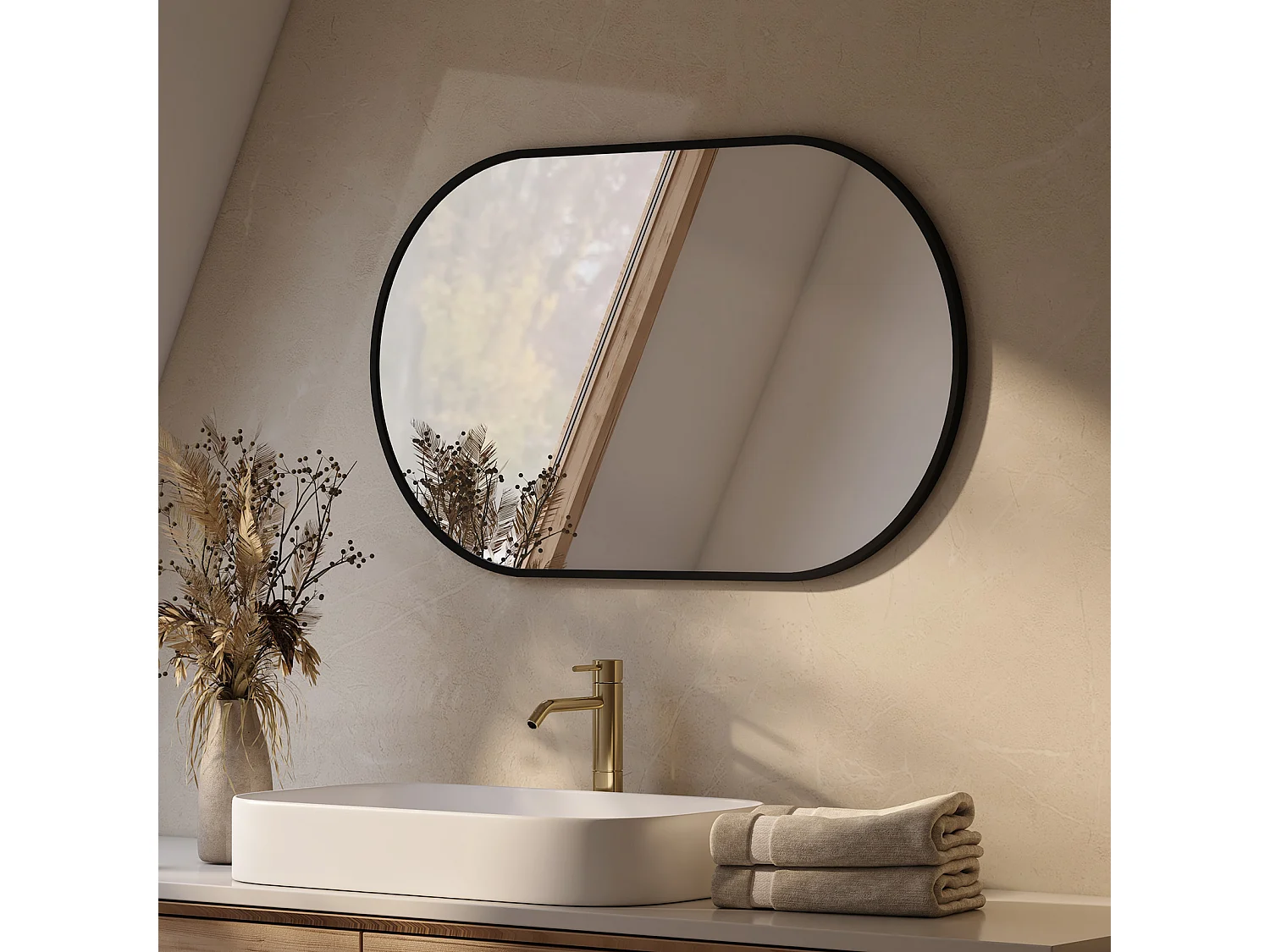 EMKE Miroir mural 50 × 70 cm Miroir ovale avec cadre noir, Miroir non lumineux salle de bain