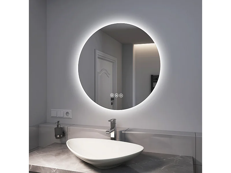 EMKE Verlichte Badkamerspiegel Rond 70 cm – LED Spiegel met Achtergrondverlichting – Touch Schakelaar, Anti-condens, Koud/Neutraal/Warm Wit