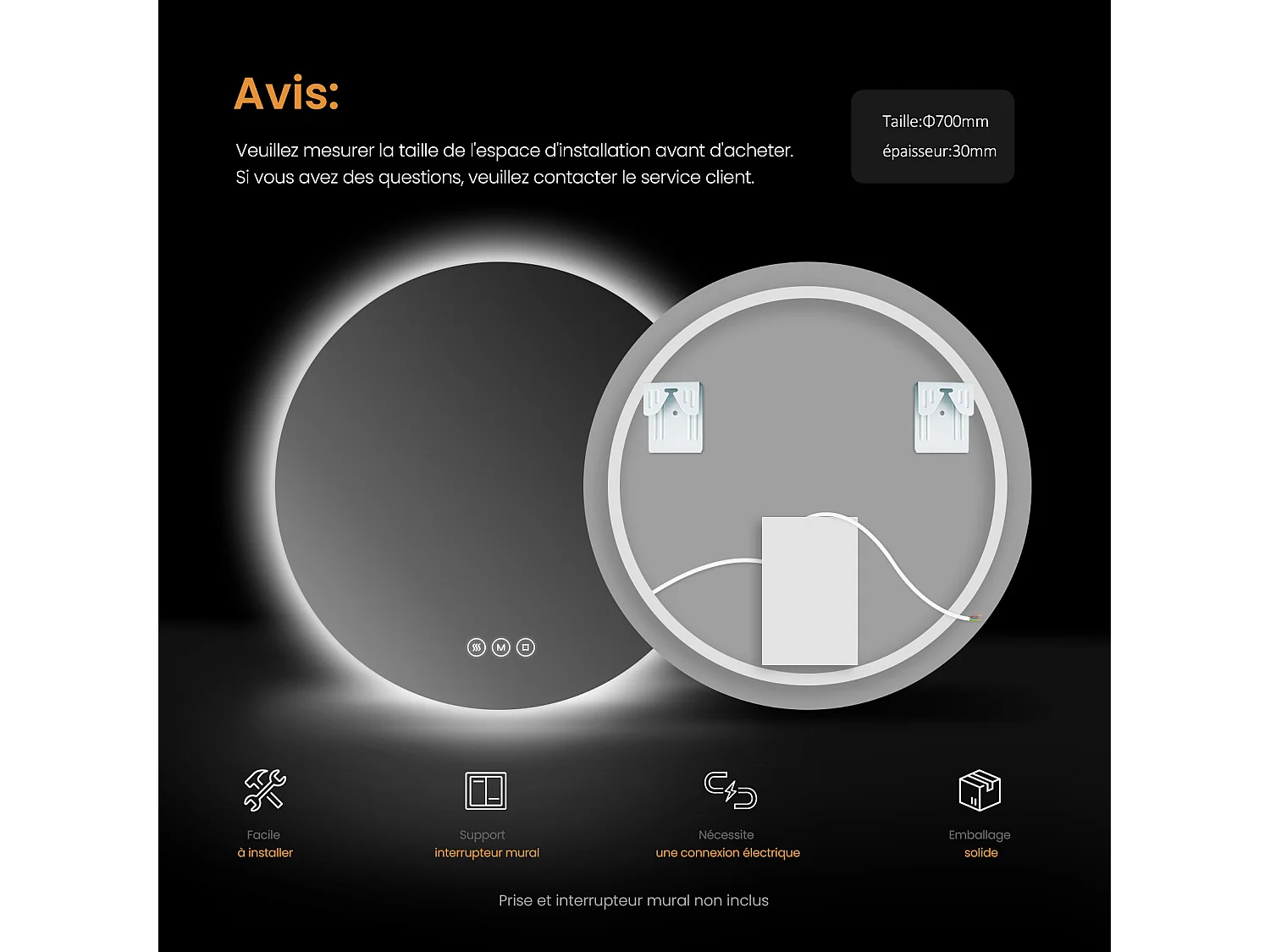 EMKE Miroir lumineux salle de bain rond diamètre 70cm, Miroir LED rétro-éclairage avec Interrupteur Tactile, Anti-buée, Froide/Neutre/Chaude