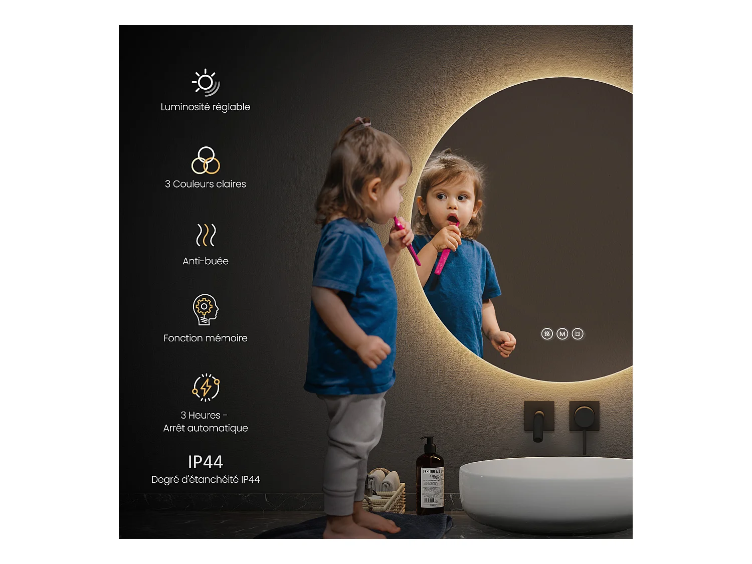 EMKE Verlichte Badkamerspiegel Rond 70 cm – LED Spiegel met Achtergrondverlichting – Touch Schakelaar, Anti-condens, Koud/Neutraal/Warm Wit