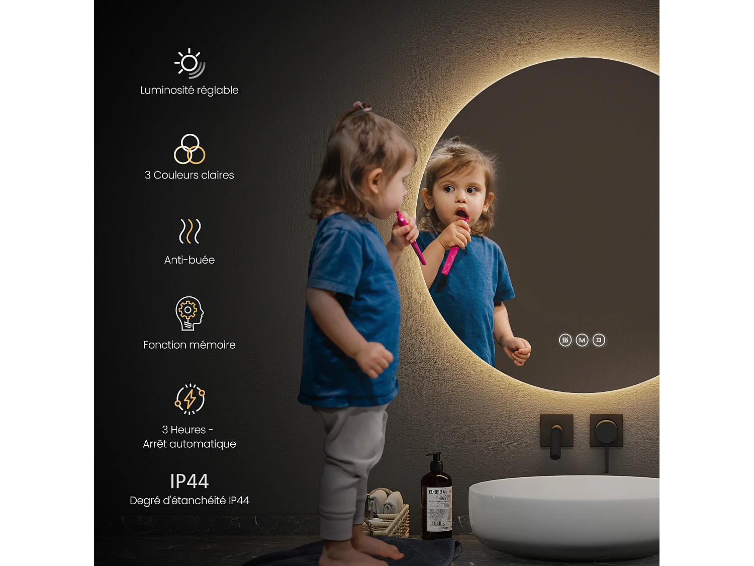 EMKE Miroir lumineux salle de bain rond diamètre 70cm, Miroir LED rétro-éclairage avec Interrupteur Tactile, Anti-buée, Froide/Neutre/Chaude