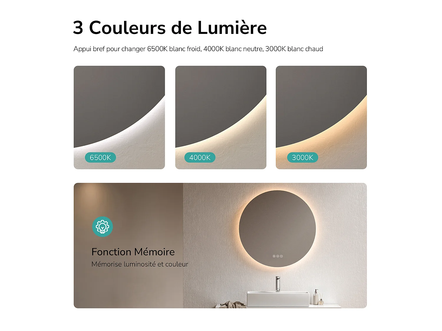 EMKE Ronde LED-badkamerspiegel Ø 70 cm, LED-achtergrondverlichting, touchschakelaar, anti-condens, koelwit/neutraal/warmwit