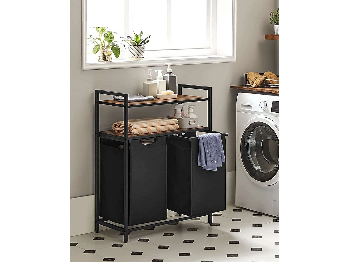 Bobble Home Panier à linge 2 compartiments et 2 étagères Cadre en métal Brun et noir