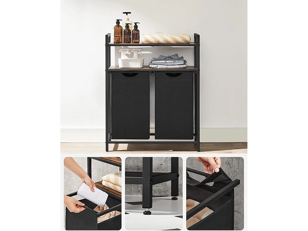 Bobble Home Panier à linge 2 compartiments et 2 étagères Cadre en métal Brun et noir