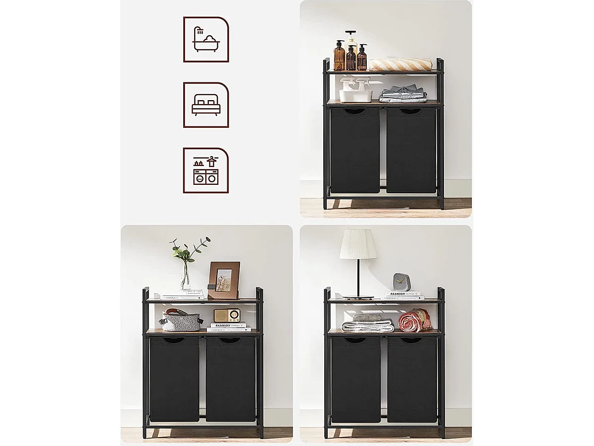 Bobble Home Panier à linge 2 compartiments et 2 étagères Cadre en métal Brun et noir