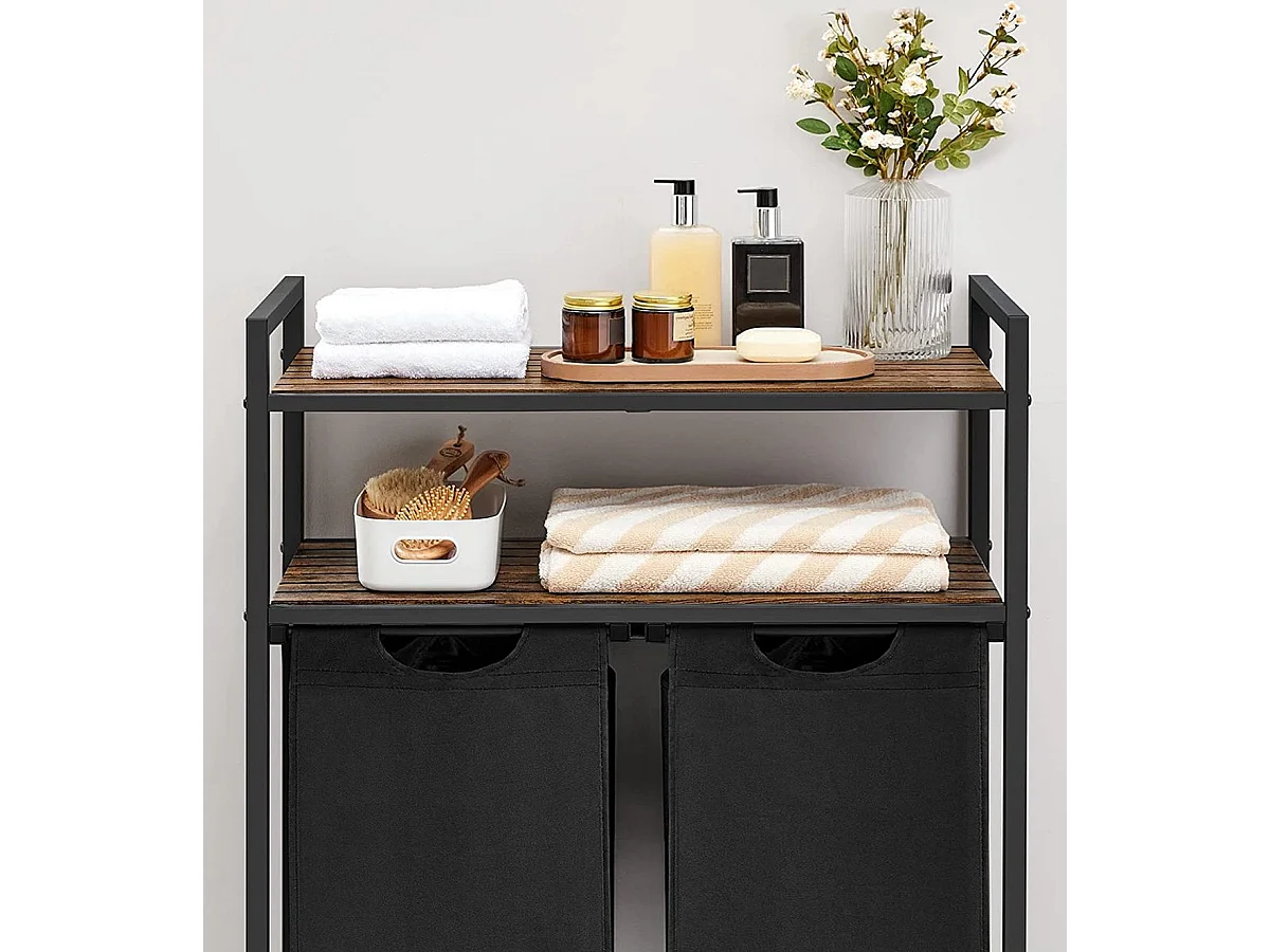 Bobble Home Panier à linge 2 compartiments et 2 étagères Cadre en métal Brun et noir