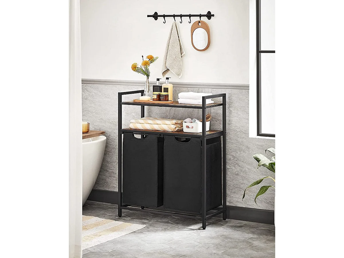 Bobble Home Panier à linge 2 compartiments et 2 étagères Cadre en métal Brun et noir