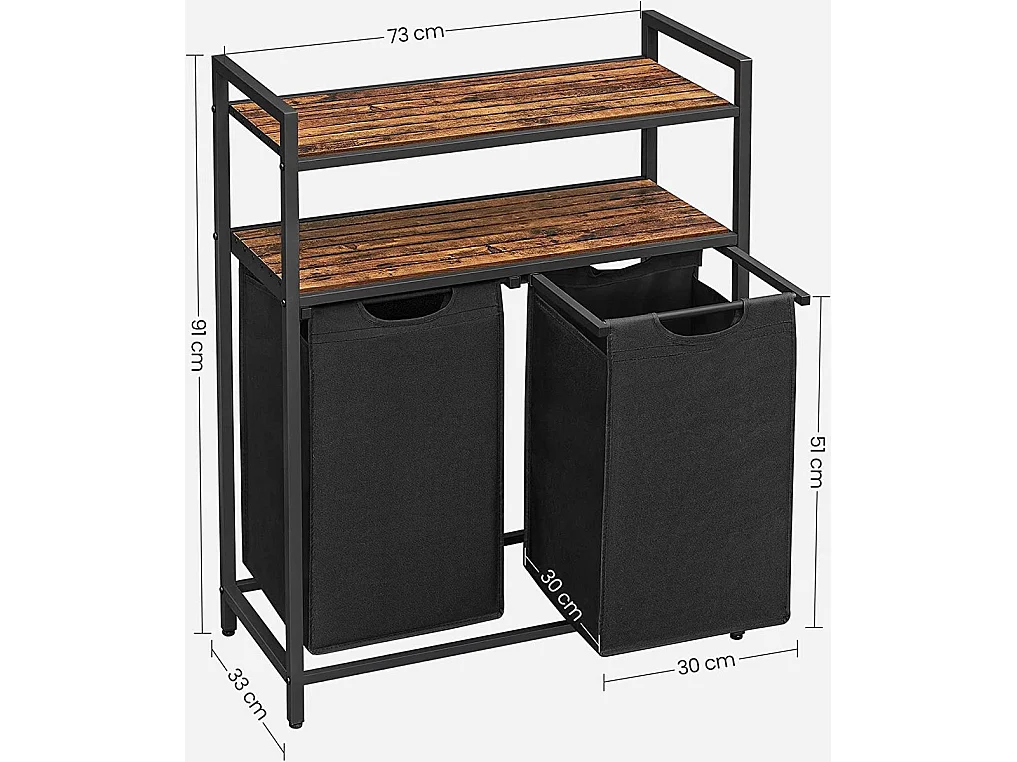 Bobble Home Panier à linge 2 compartiments et 2 étagères Cadre en métal Brun et noir