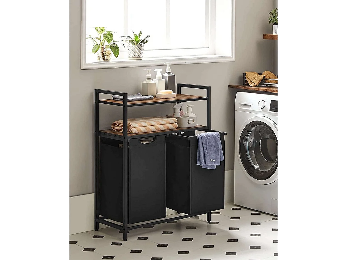 Bobble Home Panier à linge 2 compartiments et 2 étagères Cadre en métal Brun et noir