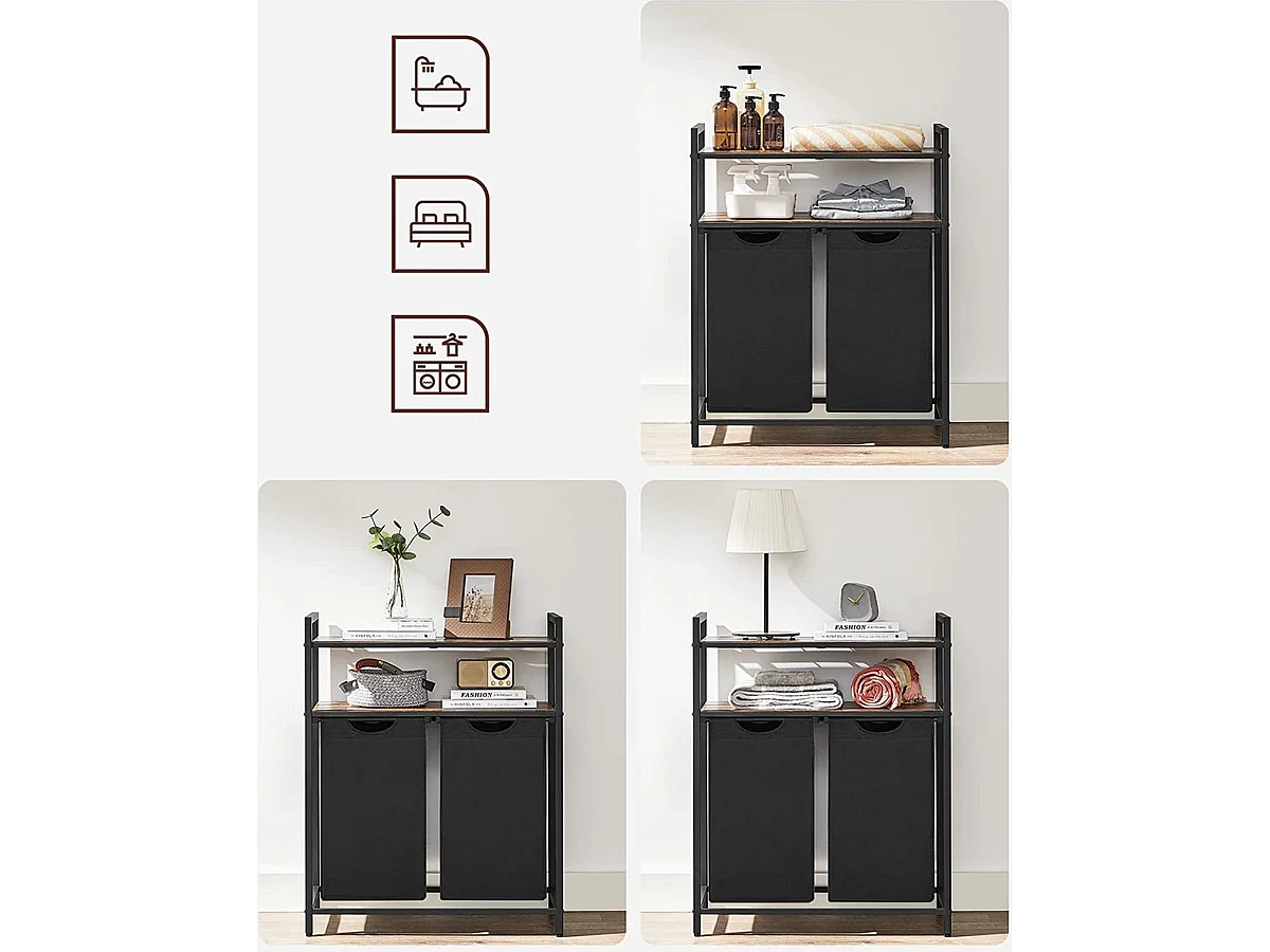 Bobble Home Panier à linge 2 compartiments et 2 étagères Cadre en métal Brun et noir