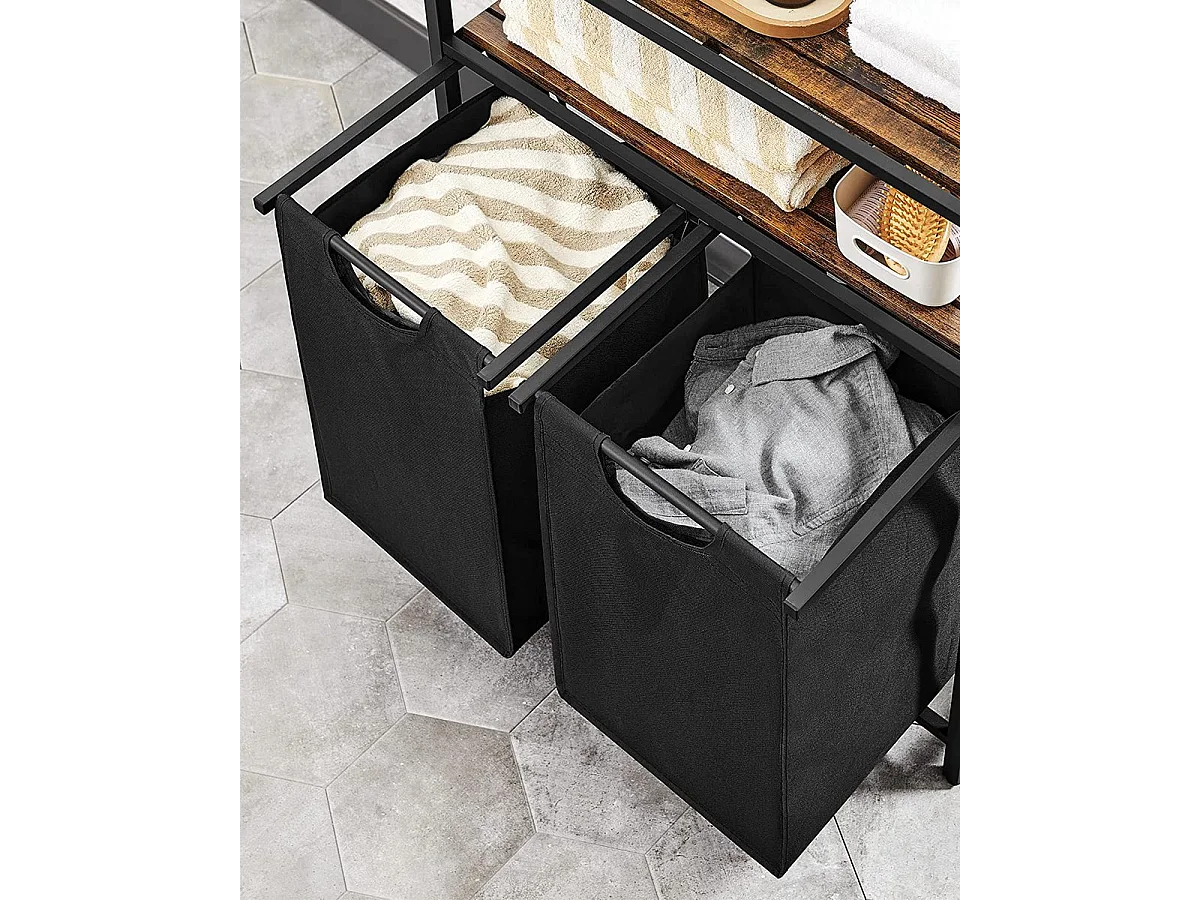 Bobble Home Panier à linge 2 compartiments et 2 étagères Cadre en métal Brun et noir