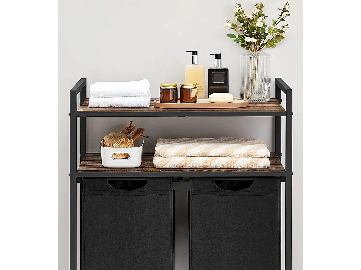 Bobble Home Panier à linge 2 compartiments et 2 étagères Cadre en métal Brun et noir