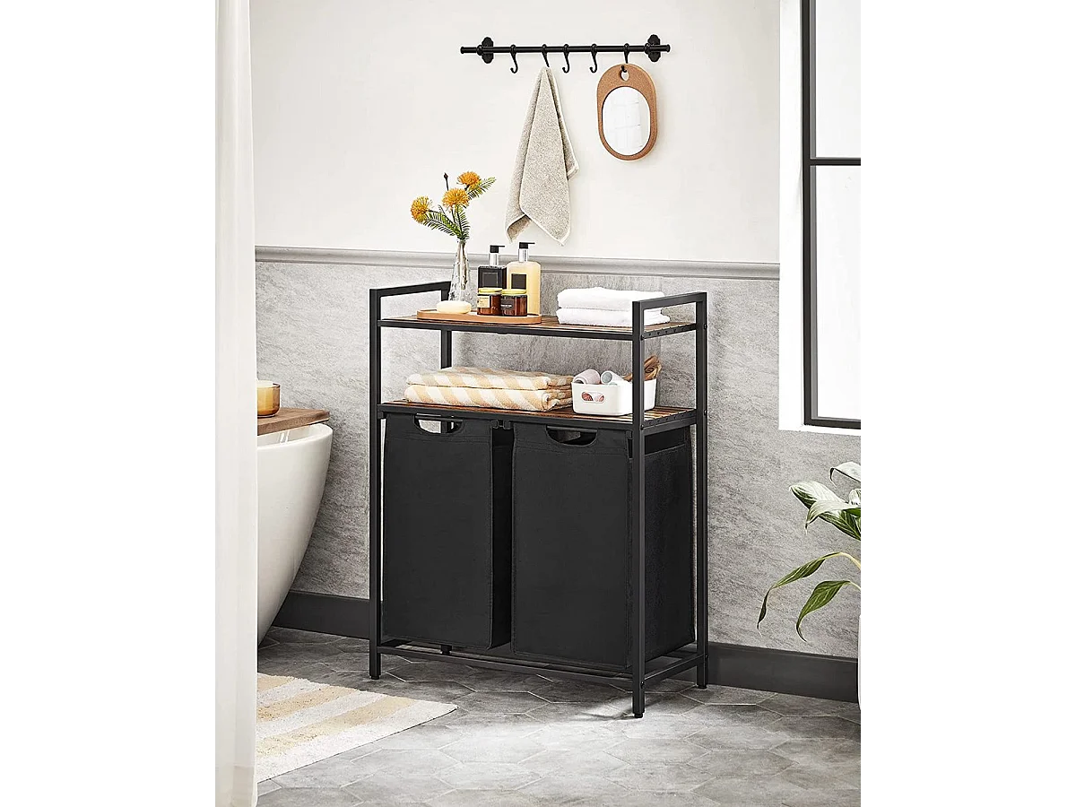 Bobble Home Panier à linge 2 compartiments et 2 étagères Cadre en métal Brun et noir