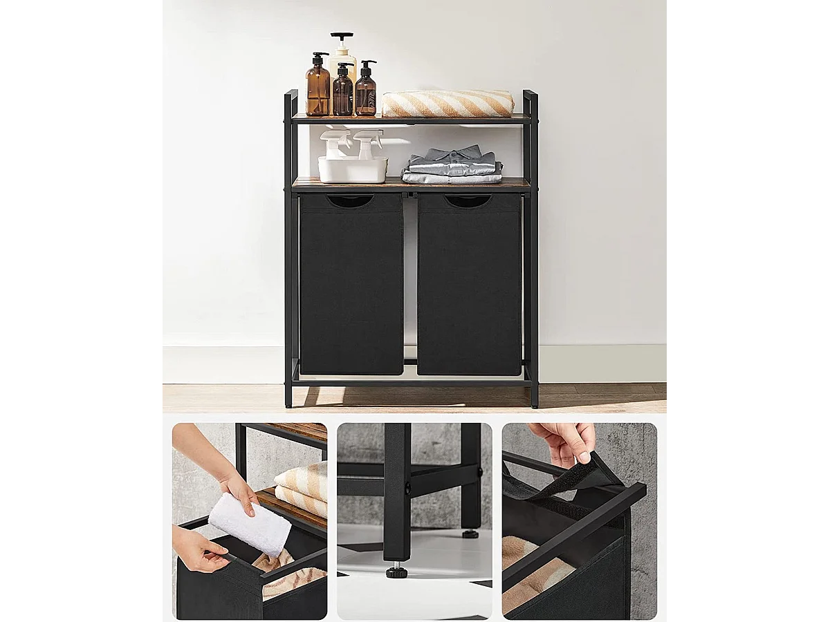 Bobble Home Panier à linge 2 compartiments et 2 étagères Cadre en métal Brun et noir