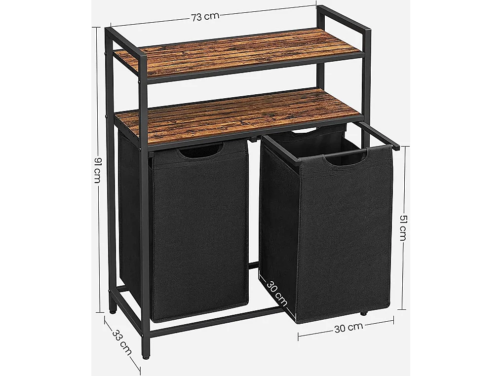 Bobble Home Panier à linge 2 compartiments et 2 étagères Cadre en métal Brun et noir