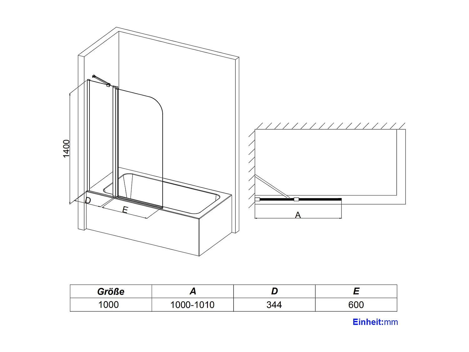 EMKE Pare de baignoire en 6 mm verre securit Paroi de douche pliable pour baignoire 100 x 140 cm Revêtement Nano facile à nettoyer Modèle 3